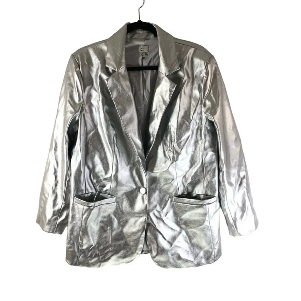 A New Day Silver Metallic Womens Blazer Jacket Faux Leather XL - Picture 3 of 7